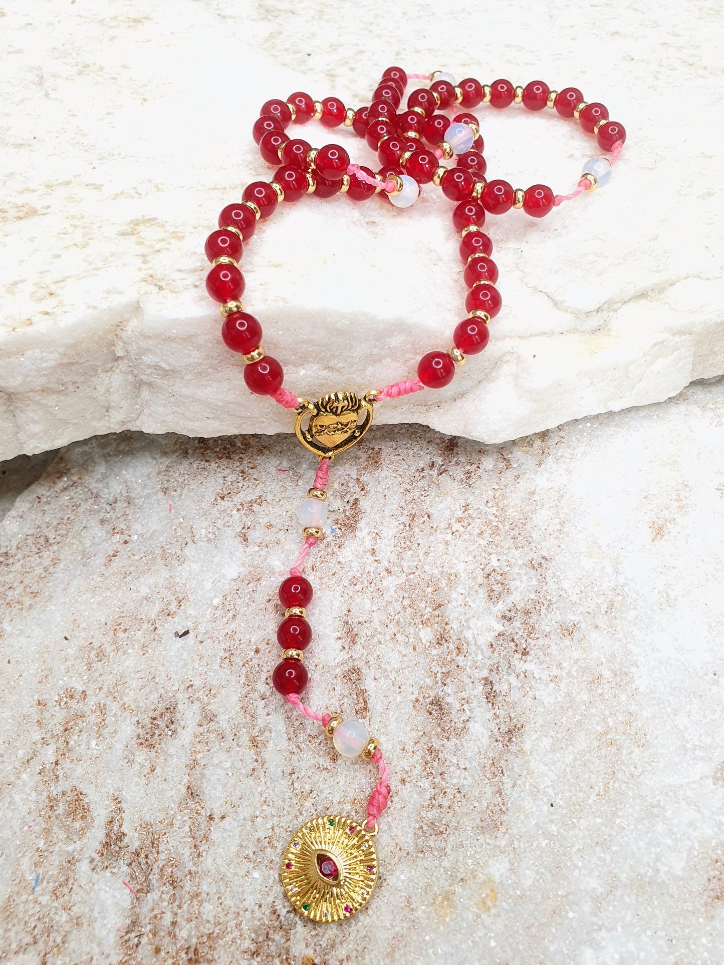 Red Garnet and Moon Stone Prayer Beads
