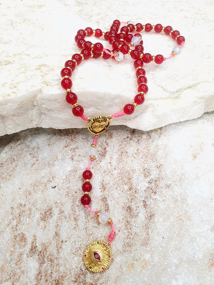 Red Garnet and Moon Stone Prayer Beads
