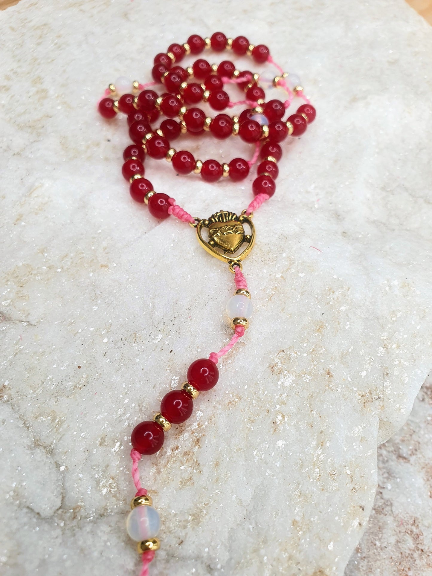 Red Garnet and Moon Stone Prayer Beads