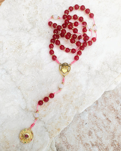 Red Garnet and Moon Stone Prayer Beads