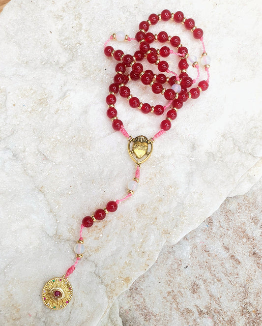 Red Garnet and Moon Stone Prayer Beads